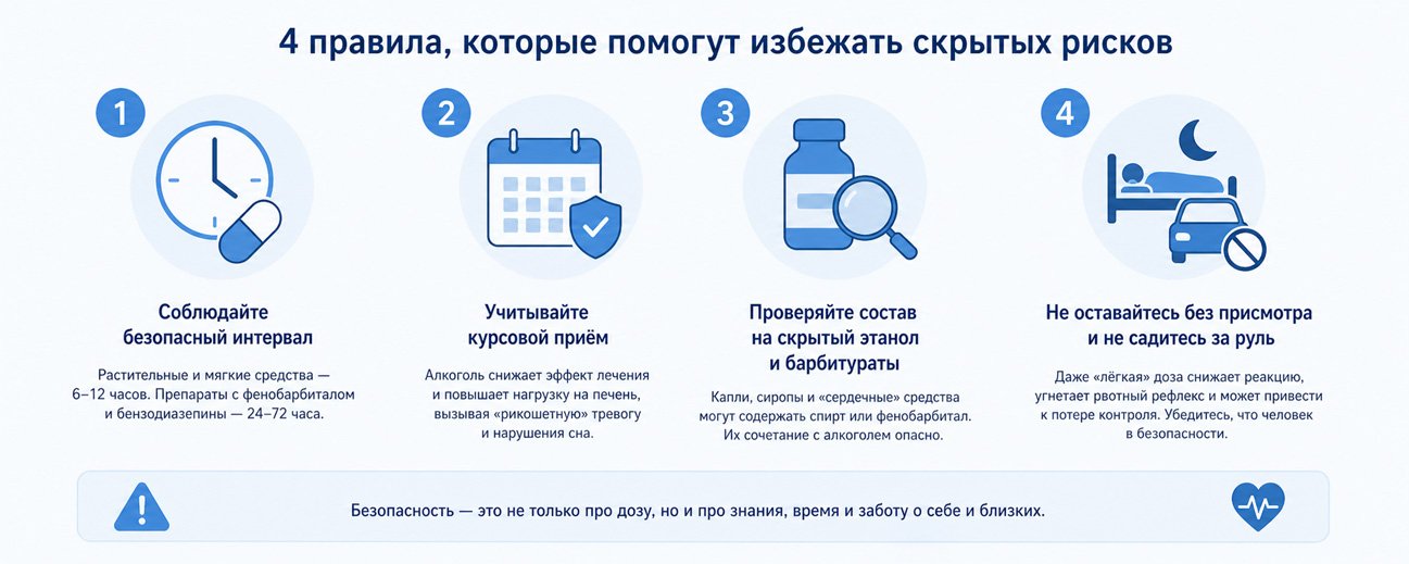 4 правила безопасного сочетания алкоголя и седативных препаратов — интервалы, курс лечения, состав и контроль состояния