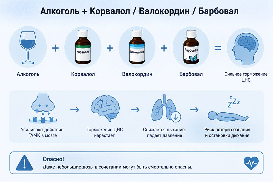 Опасность сочетания алкоголя с Корвалолом, Валокордином и Барбовалом — угнетение ЦНС и дыхания