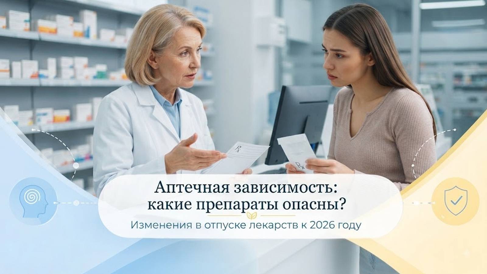 Консультация фармацевта с покупательницей в аптеке по вопросу лекарственных препаратов.